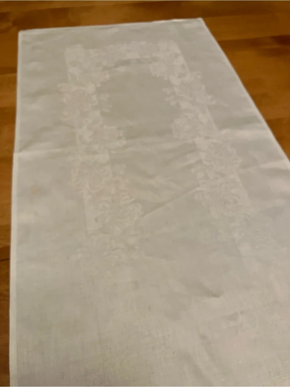 Vintage 100% Irish Linen Double Damask Table Runner White Floral, 45” x 12.25”